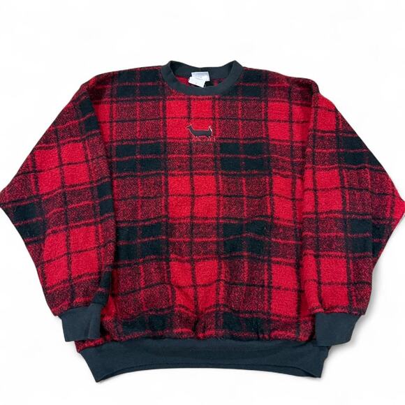 90s Art Unlimited Red and Black Plaid Soft Fleece Sweatshirt Deer USA Made Sz.L - Picture 1 of 8